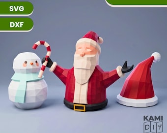 May include: A 3-in-1 bundle printable paper template featuring a low-poly snowman with a light blue scarf, a Santa Claus figure holding a red and white candy cane, and a separate red Santa hat. Text includes PDF, SVG, DXF, 3-IN-1 BUNDLE, KAMI DIY, and PRINTABLE PAPER TEMPLATE - NOT FOR METAL.