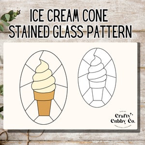 May include: A printable stained glass pattern of an ice cream cone. The pattern is divided into sections for coloring. The pattern is in black and white.
