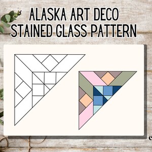 May include: A design featuring two triangular patterns, one in black and white and the other in pastel colors. The text "ALASKA ART DECO STAINED GLASS PATTERN" is at the top. The Crafty Cubby Co. logo is in the bottom right corner.