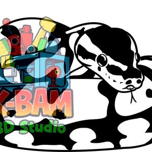 May include: Black and white illustration of a snake curled up with its head facing the viewer. The snake has a black and white patterned body and a black head with a white stripe down the center. The snake is in front of a logo that says "K-BAM 3D Studio".