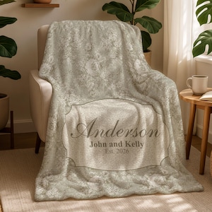 Custom Toile Monogram Personalized Family Name Blanket, Wedding Keepsake Gift, Woven Throw, Anniversary Engagement Bridal Shower Backdrop