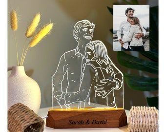 Custom Couple Portrait From Photo Engraving on Night Light, Personalized Photo Lamp, Valentines Day Gift, Couple Desk Lamp