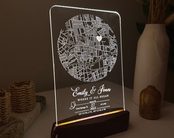 Luz nocturna personalizada donde nos conocimos mapa, dónde comenzó todo, nuestro mapa de primera cita, lámpara LED acrílica personalizada, regalo de San Valentín para él