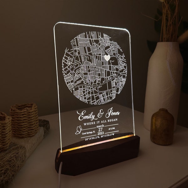 Custom Night Light Where We Met Map, Where It All Began, Our First Date Map, Personalized Acrylic Led Lamp, Valentines Gift For Him