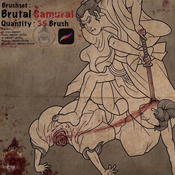 35 Brutal Samurai Tradicional Japonés Tatuaje Procreate Sello Pincel