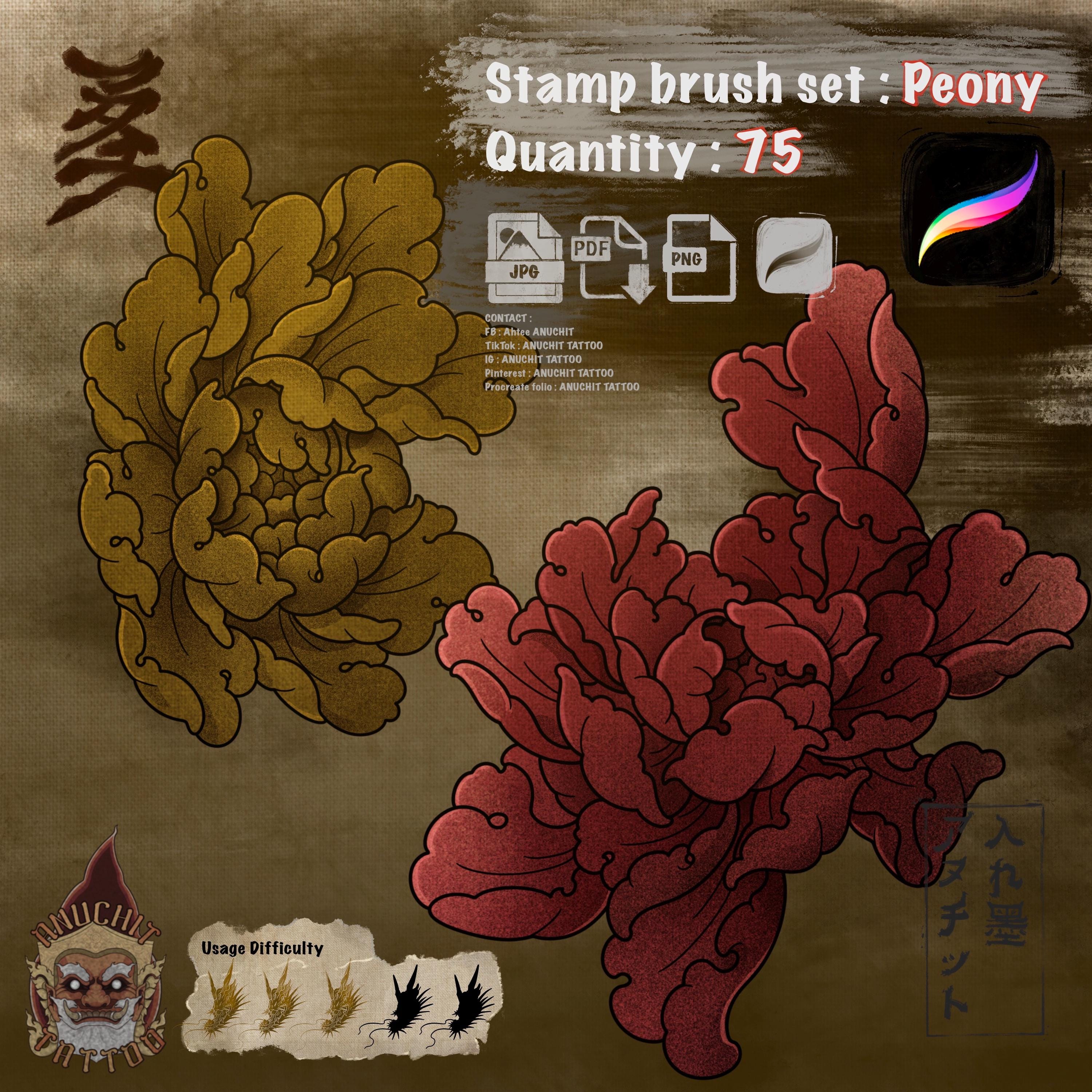 75 Peony Traditional Japanese Tattoo Procreate Stamp Brush - Etsy