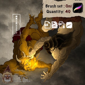 May include: Digital brush set named "Oni", quantity 40, depicting two muscular figures in a dynamic pose. The artwork is in a traditional Japanese style, with gold, brown, and grey tones. Includes file type icons for PNG, JPG, and PDF.
