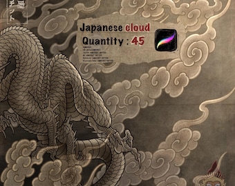 Op de afbeelding: Een digitale illustratie van een Japans wolkendesign met een draak op de voorgrond. De tekst "Japanese cloud" en "Quantity: 45" is zichtbaar in de afbeelding.
