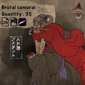 May include: A digital illustration of a samurai in red and black clothing, holding a sword and standing over a fallen samurai with a severed head. The image is in a traditional Japanese style and includes the text "Brutal samurai" and "Quantity: 35".