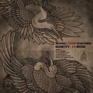 Puede incluir: Una ilustración digital de dos grullas japonesas tradicionales en blanco y negro. La imagen está sobre un fondo marrón texturizado con el texto "BRUSHSET: CRANE TRADITIONAL QUANTITY: 25 BRUSH" y la información de contacto del artista.