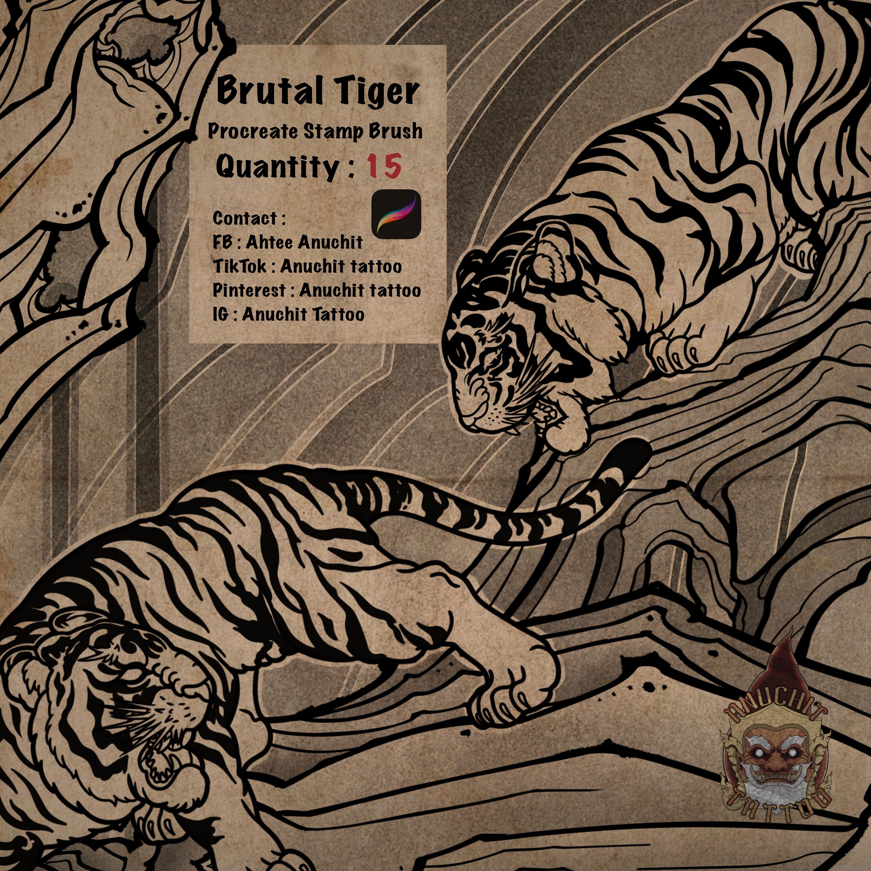 Diseño de Tatuaje Cabeza de Tigre Feroz en Olas Rompientes: Descarga Gratis  y Prueba Virtual, image size:3000x3000