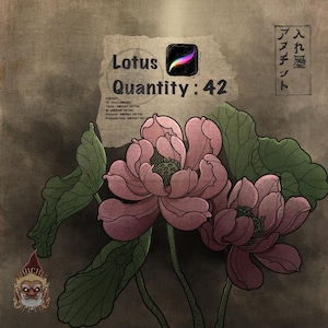 May include: A vintage-style illustration of pink lotus flowers with green leaves on a brown background. The text "Lotus Quantity: 42" is written in black on a white background.