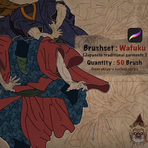 May include: A digital illustration of two figures wearing traditional Japanese clothing, called Wafuku. The illustration is in a vintage style, with a textured background and hand-drawn lines. The text "Brushset: Wafuku [Japanese traditional garments] Quantity: 50 Brush From ukiyo-e custom series" is visible in the image.