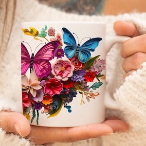 Colorful Butterflies Floral Mug | Artistic Butterflies | Nature Mug | Cottagecore Mug | Gift For Her | Ceramic Butterfly Mug