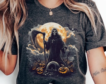 死神のハロウィンTシャツ：恐ろしいカボチャ、満月、ゴシックホラー