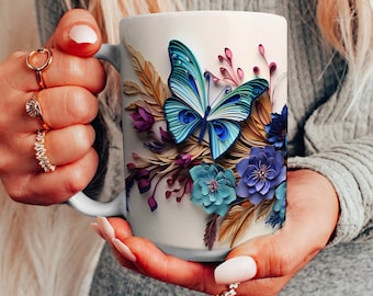Blauer Schmetterling Blumenkeramikbecher: Cottagecore Kaffeetasse