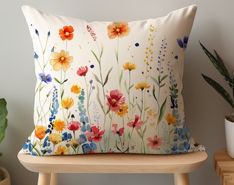 Housse de coussin prairie de fleurs sauvages : coussin décoratif artistique floral