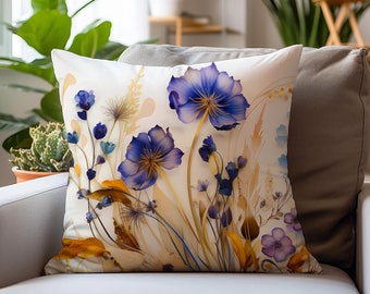 Fodera per cuscino con fiori di campo blu: cuscino decorativo con motivo floreale vintage