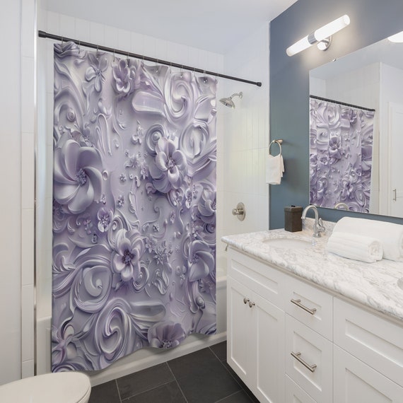 Lavender Blossom Elegance 3D Look Floral Shower Curtain | Floral Bathroom Décor | Shower Curtain Bath Set | Flower Garden Bath Mat
