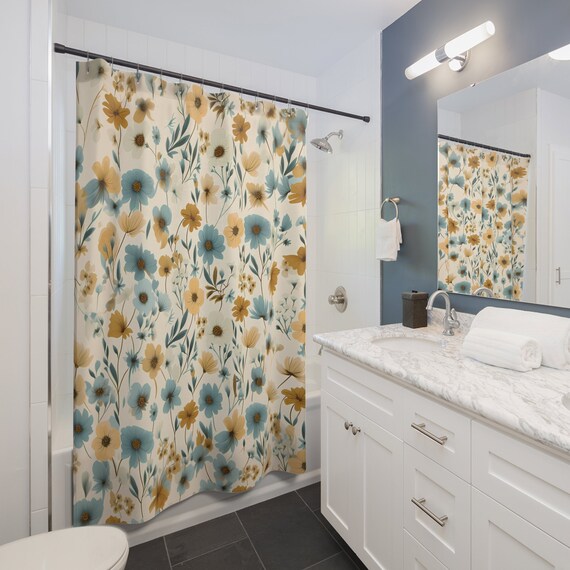 Retro Wildflowers Shower Curtain | Wildflowers | Cottagecore Shower Curtain | Whimsical Bath Decor | Shower Curtain Bath Set