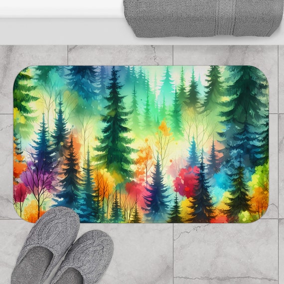 Colorful Vibrant Forest Landscape Bath Mat | Floral Bathroom Decor | Aesthetic Microfiber Kitchen Floor Mat