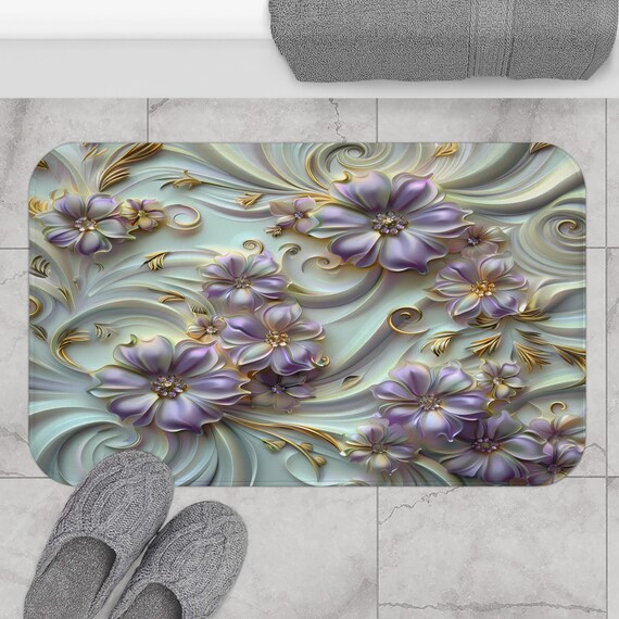 Purple and Gold Flower Bath Mat | Floral Bathroom Decor | Cottagecore Bath Decor | Boho Bath Decor | Bath Mat