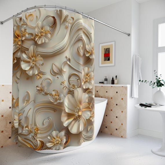 Golden Floral Shower Curtain: Luxury Elegant Bathroom Decor
