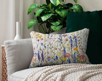 Coussin lombaire fleurs sauvages : housse de coussin florale moderne, 20 x 14