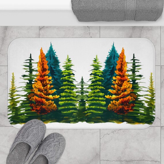 Evergreen Colorful Trees Bath Mat | Nature Bathroom Decor | Aesthetic Microfiber Kitchen Floor Mat | Nature Floor Mat | Outdoor Decor