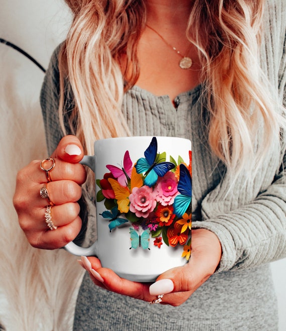 Butterfly Garden Ceramic Mug: Floral Cottagecore Coffee Cup