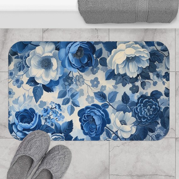 Blue White Floral Bath Mat | Floral Bathroom Decor | Farmhouse Bath Decor | Aesthetic Microfiber Kitchen Floor Mat