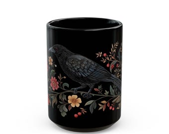Gothic Raven Floral Mug: Medieval Art Tea Cup (11oz, 15oz)