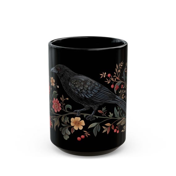 Gothic Raven Floral Mug: Medieval Art Tea Cup (11oz, 15oz)