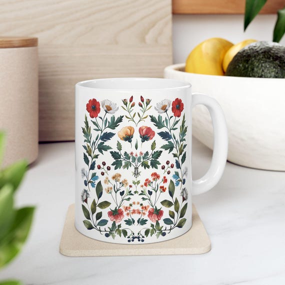 Floral Coffee Mug: Garden Symphony Flower & Leaf Design