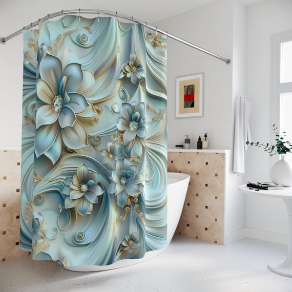 3D Blue Flower Shower Curtain: Tranquil Floral Bath Decor
