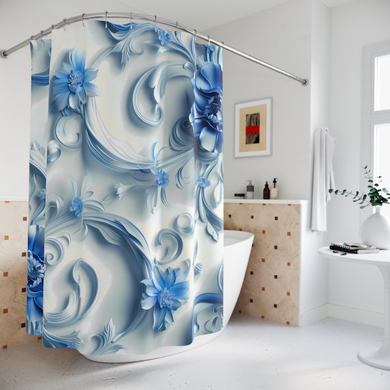 Blue Flower 3D Look Shower Curtain | Floral Bathroom Decor | Shower Curtain Bath Set | Botanical Bath Mat