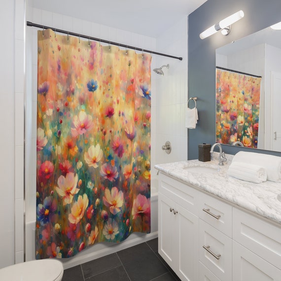 Wildflower Garden Bliss Shower Curtain | Floral Bathroom Decor | Shower Curtain Bath Set | Flower Garden Bath Mat