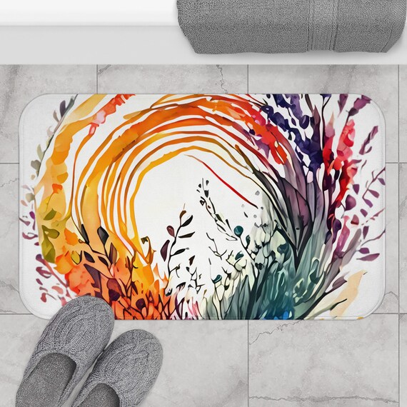 Vibrant Botanical Watercolor Circle Bath Mat | Floral Bathroom Decor | Aesthetic Microfiber Kitchen Floor Mat | Garden Flowers Floor Mat