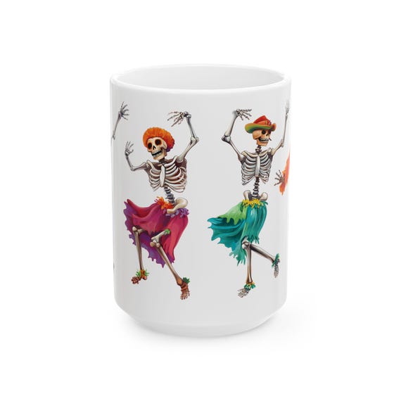 Dancing Skeletons Ceramic Mug: Festive Halloween Coffee Cup