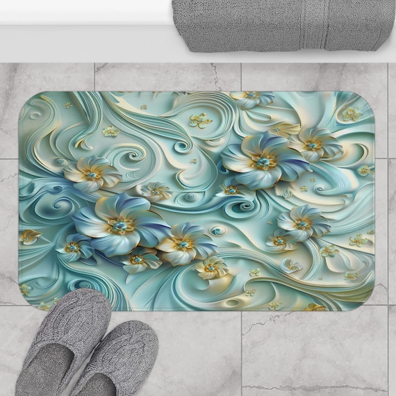 3D Floral Bath Mat: Light Blue Blossoming Bliss Bathroom Decor
