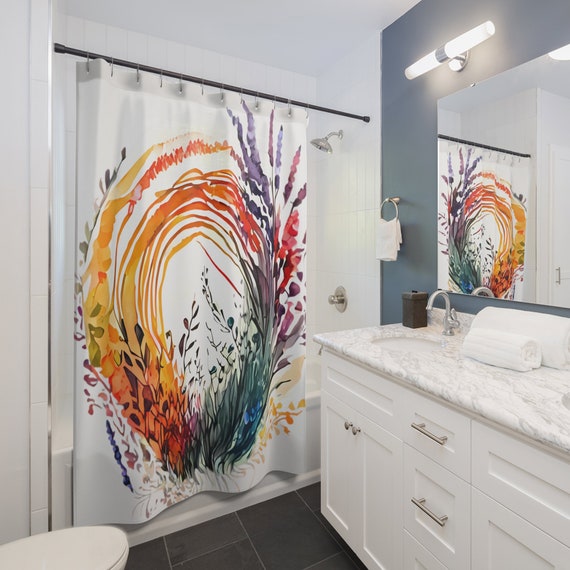Vibrant Botanical Watercolor Circle Shower Curtain | Floral Bathroom Decor | Shower Curtain Bath Set | Flower Garden Bath Mat