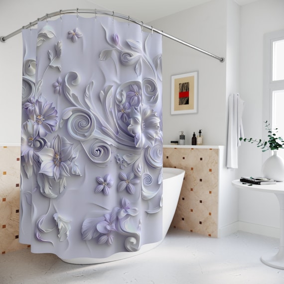 Lavender Flower 3D Look Shower Curtain | Floral Bathroom Décor | Shower Curtain Bath Set | Flower Garden Bath Mat