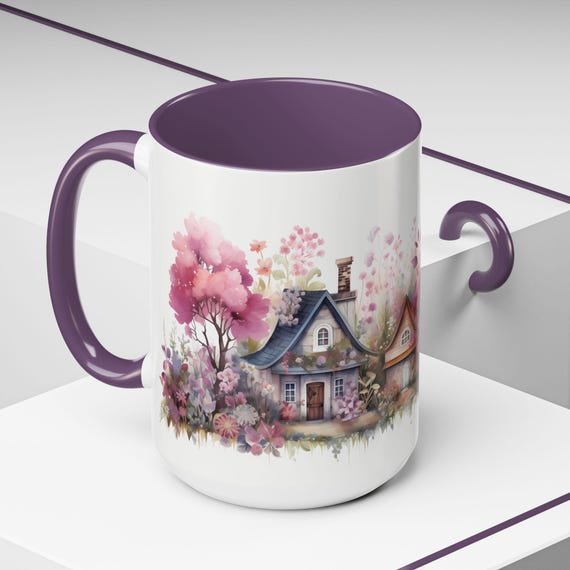 Cottagecore Mug: Boho Houses Floral Watercolor Coffee Cup