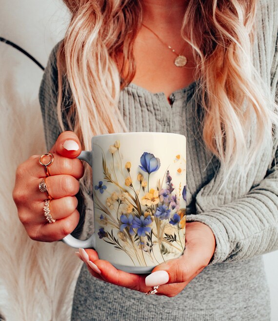 Blue Wildflowers Ceramic Mug: Vintage Botanical Tea Cup