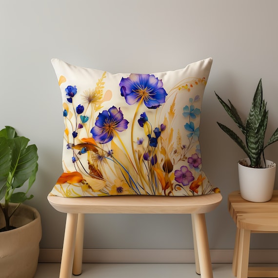 Blue vintage wildflower square pillow