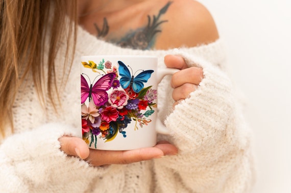 Floral Butterfly Ceramic Mug: Colorful Cottagecore Nature Art