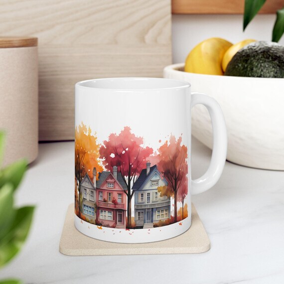 Autumn Victorian Rowhouses Mug: Cottagecore Fall Gift