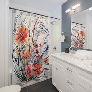 Wildflower Floral Shower Curtain | Floral Bathroom Décor | Shower Curtain Bath Set | Boho Cottagecore Shower Curtain