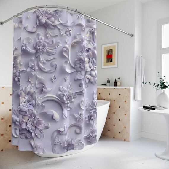 Lavender Dreamscape 3D Floral Shower Curtain | Floral Bathroom Décor | Shower Curtain Bath Set | Flower Garden Bath Mat