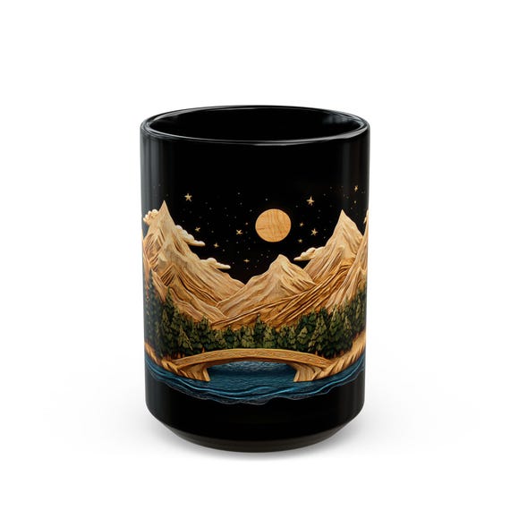 Forest Bridge Coffee Mug: Tranquil Mountain Nightscape Gift